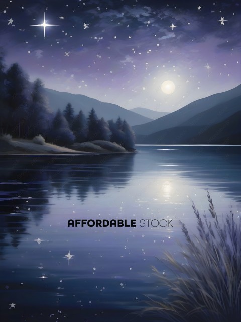 A painting of a mountain lake at night with a full moon