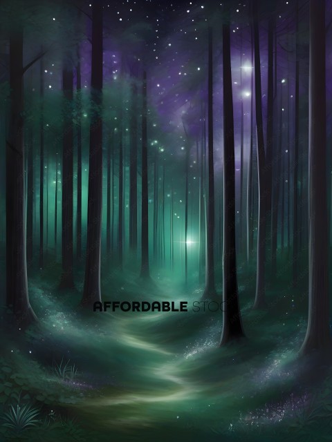 A forest with a pathway and stars