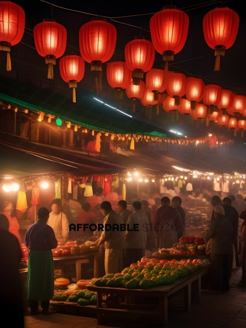 People shopping at an Asian market at night