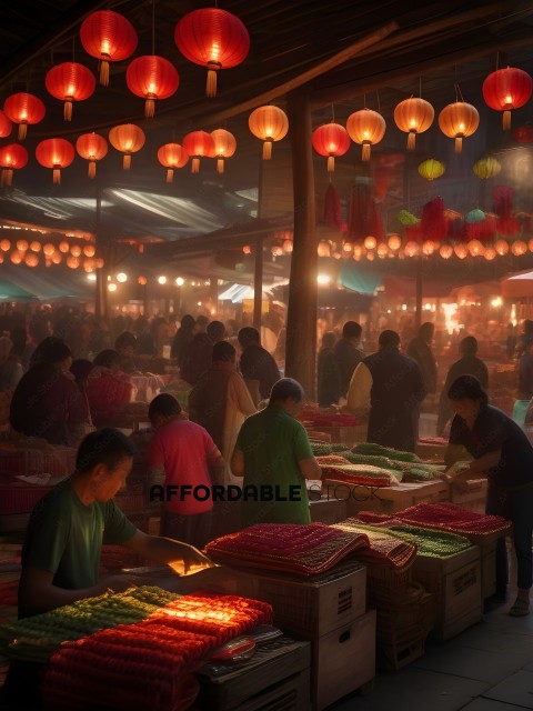 People shopping at an Asian market at night