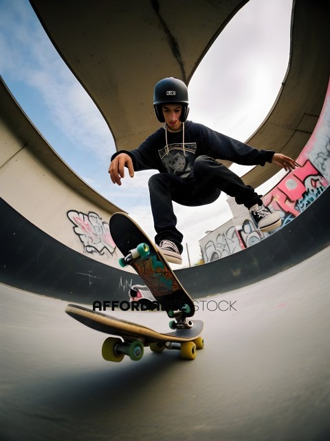 Skateboarder in Black Helmet and Sweatpants Performing Trick