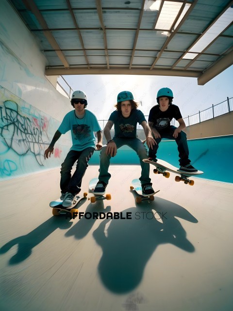 Three Skateboarders in Helmets at a Skate Park