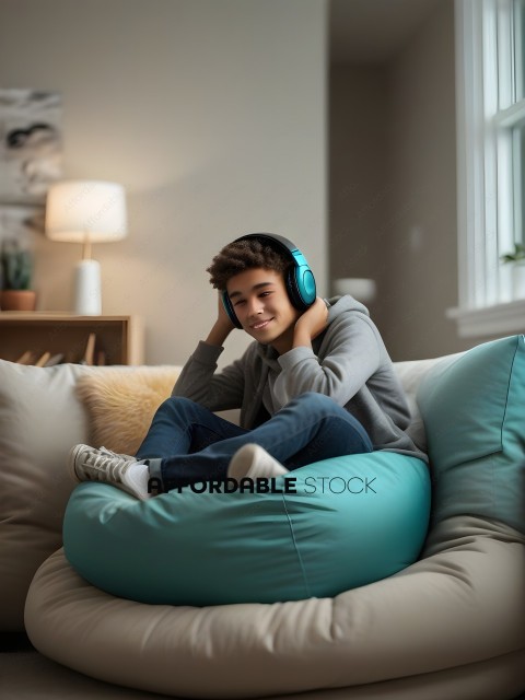 A young man wearing headphones and sitting on a bean bag chair