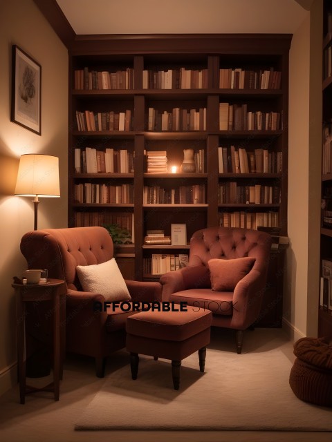 A cozy reading nook with two chairs and a bookshelf