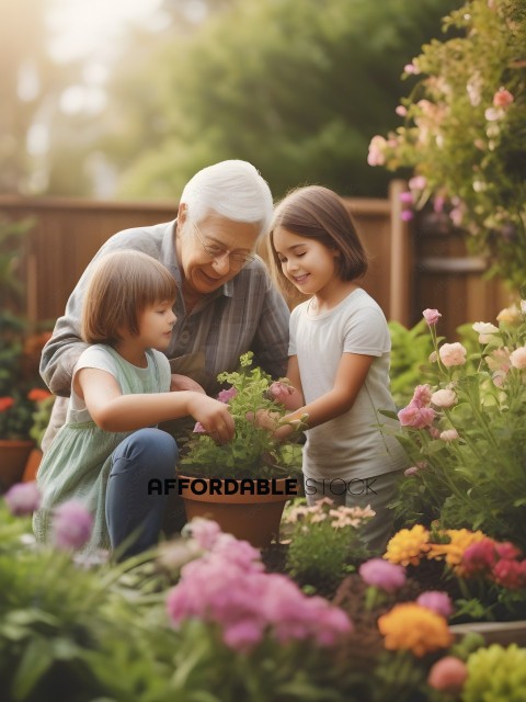 An elderly woman and two young girls plant flowers in a garden