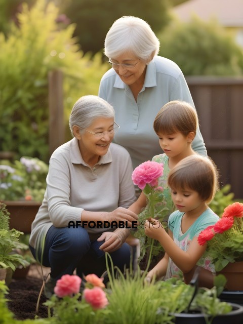 Three women and a child are in a garden, looking at flowers
