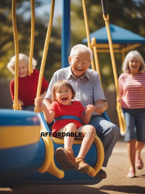 Older man and young girl on a swing set