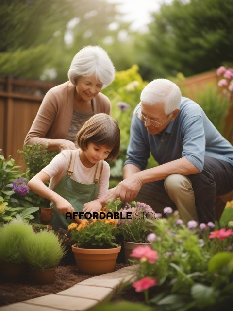 A family of three planting flowers together