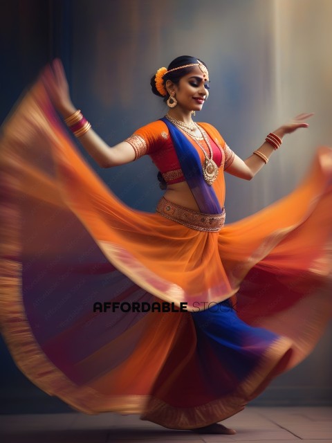 A woman in a colorful dress dances