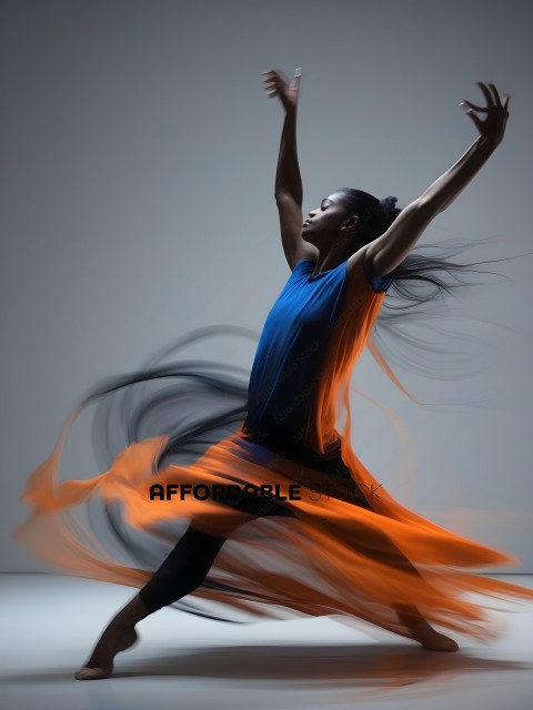 A woman in a blue shirt and orange skirt dances