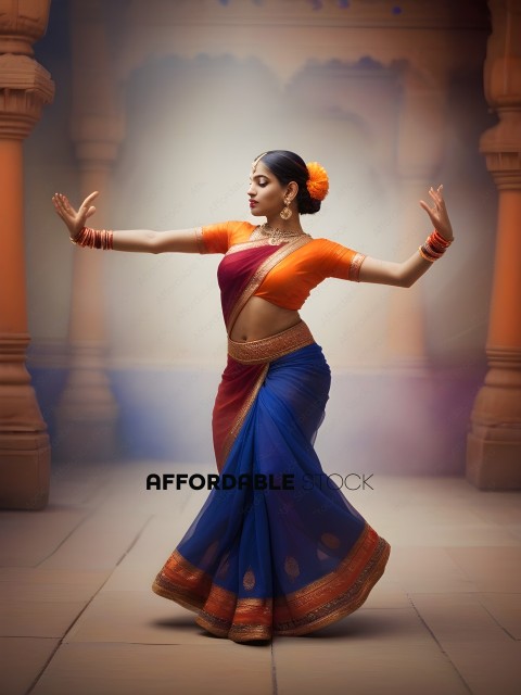A woman in a blue and red sari dances