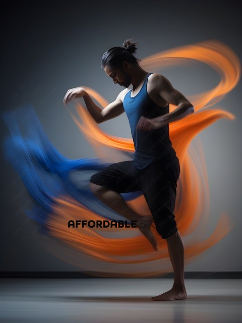 Man in blue tank top and black shorts dancing with orange and blue fabric