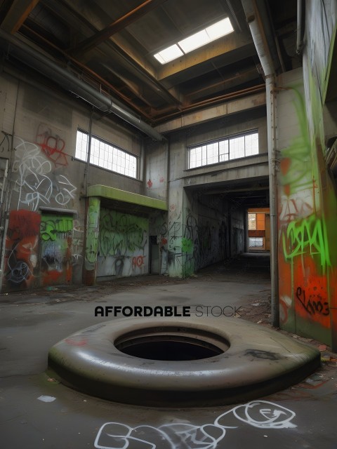 A large metal bowl sits in the middle of a graffiti covered room