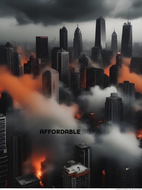 A city skyline with a cloud of smoke