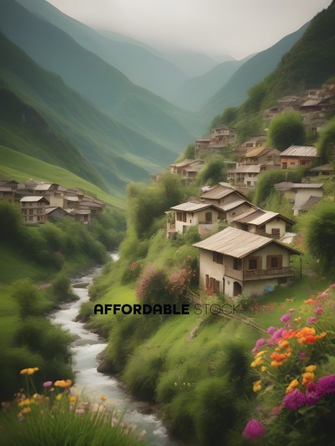 A picturesque village nestled in a valley with a river running through it