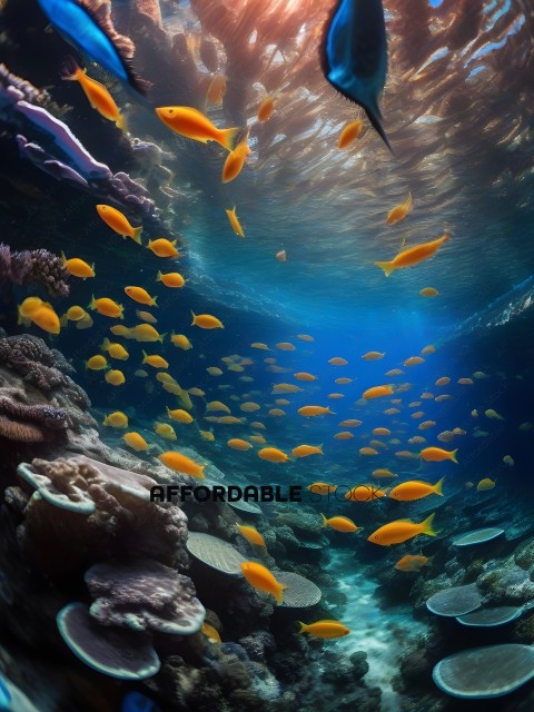 A school of yellow fish swimming in the ocean
