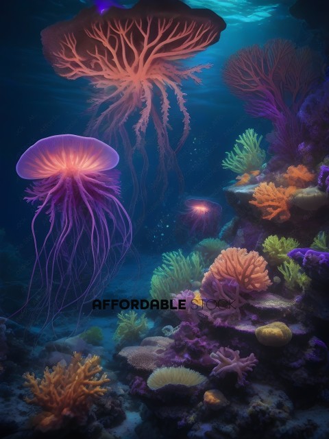 A variety of sea creatures in a vibrant underwater scene