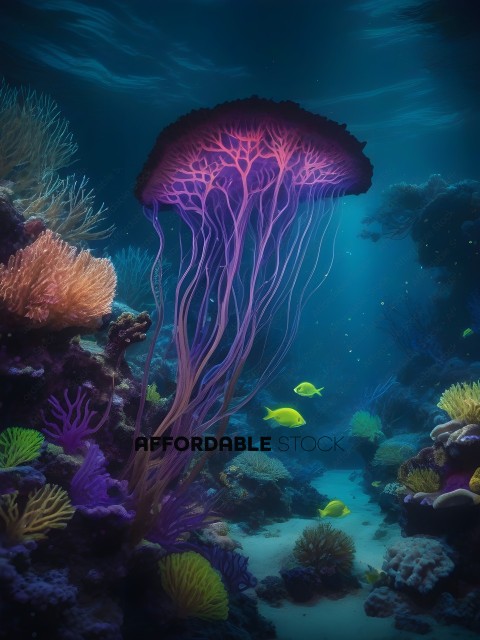 A purple and yellow coral reef with a variety of sea creatures