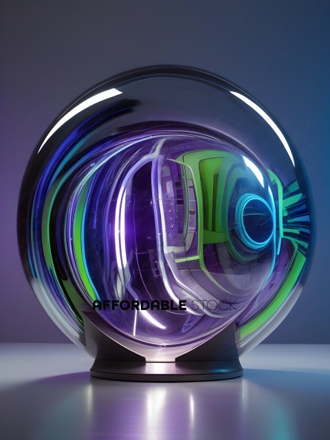 A glass ball with a purple and green glow
