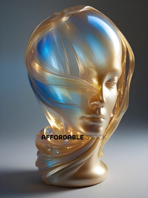 A gold sculpture of a woman's head with a blue hue