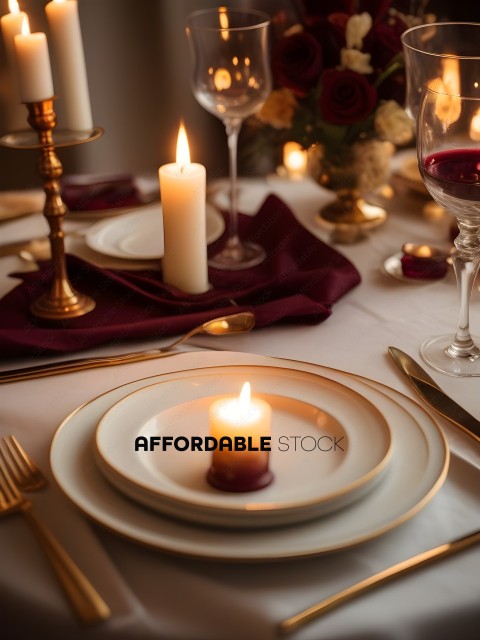 A candle on a white plate with gold trim