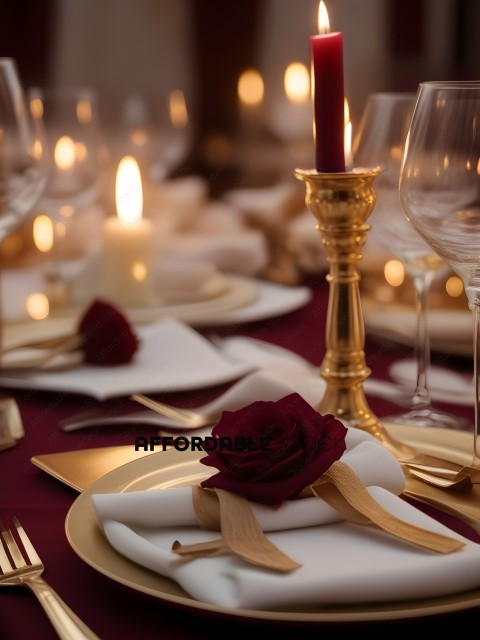 A fancy dinner table with a rose and candle