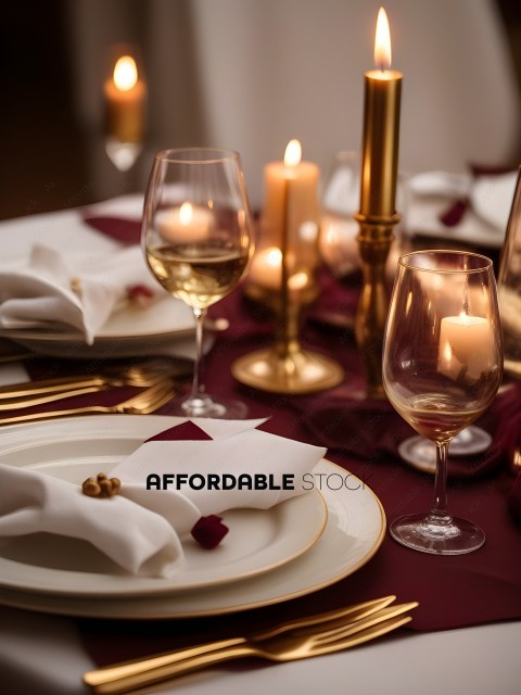 A fancy dinner table with candles and wine glasses