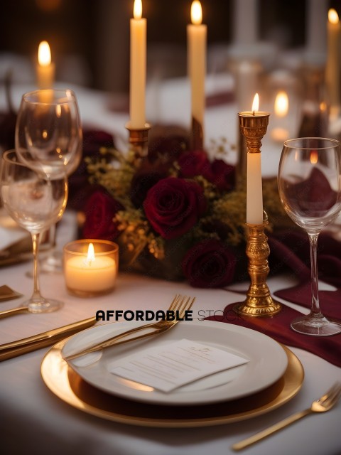 A fancy dinner table with candles and flowers
