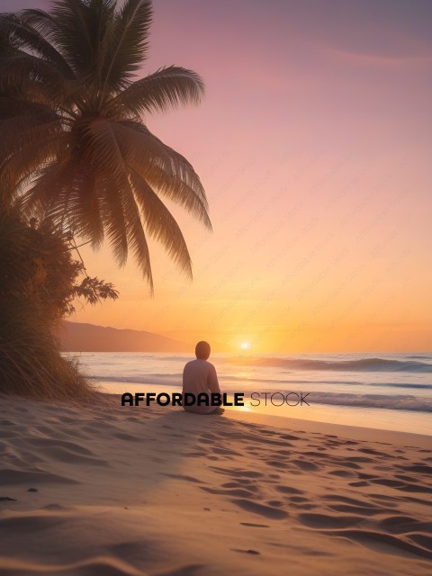 A man sits on the beach watching the sunset