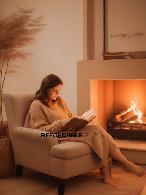 A woman in a chair reading a book by a fireplace