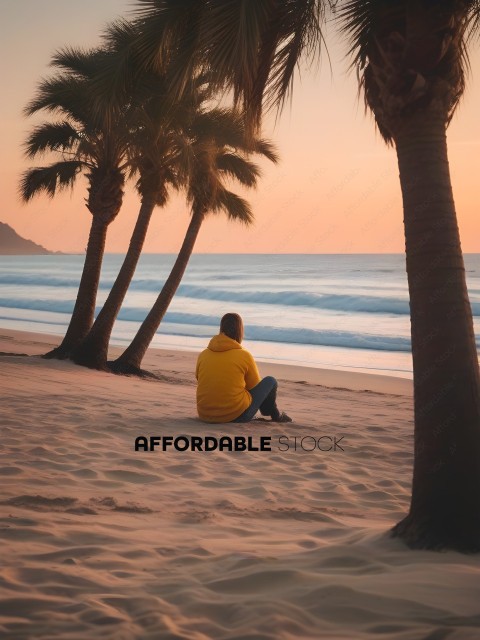 A woman in a yellow hoodie sits on the beach