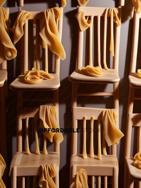 Wooden chairs with pasta on them