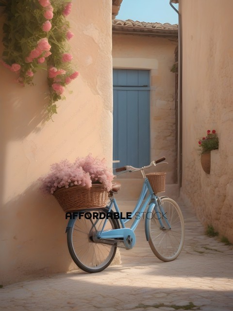 A blue bicycle with a basket of flowers