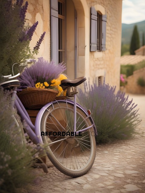 A purple bicycle with a basket of flowers