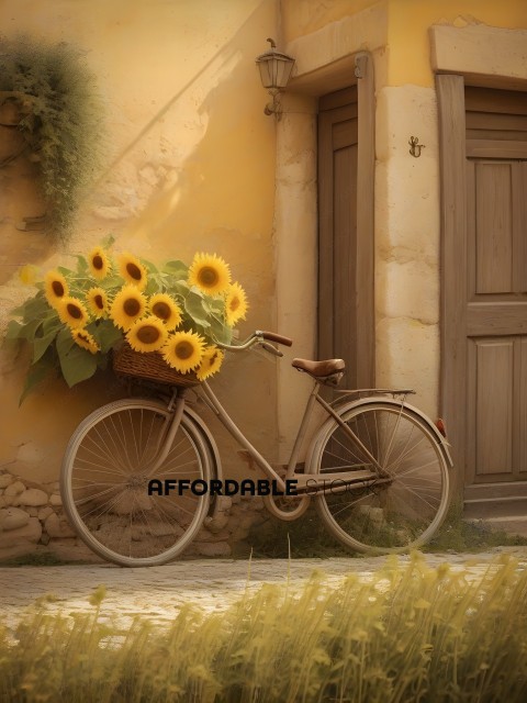 A bicycle with a basket full of sunflowers