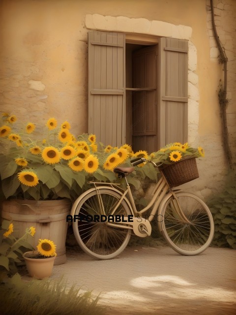 A bicycle with a basket of flowers in front of a building