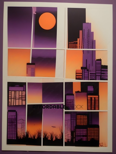 A collage of a city at sunset with a purple sky