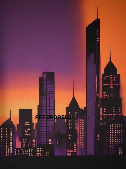 A cityscape with a purple skyline and lit up buildings