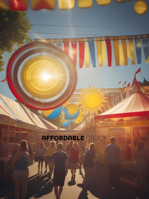 People walking in a carnival with a sun in the background