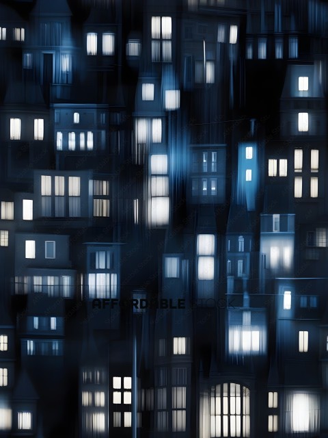 A cityscape at night with lights on