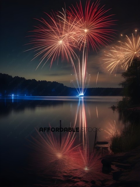 Fireworks reflecting off the water at night