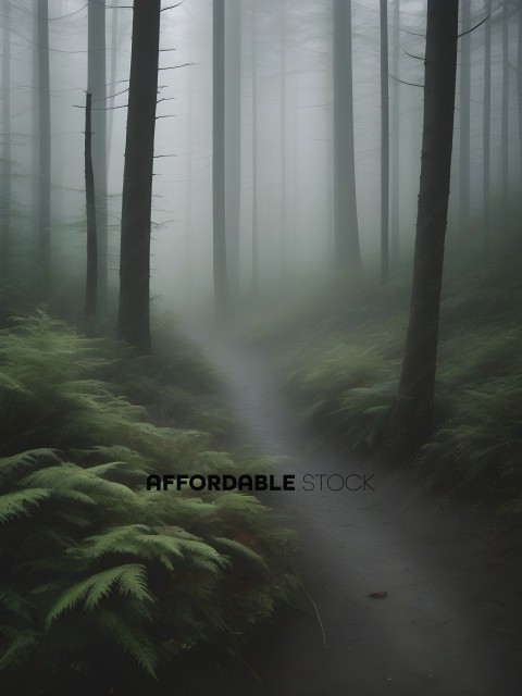 A path through a dense forest with fog