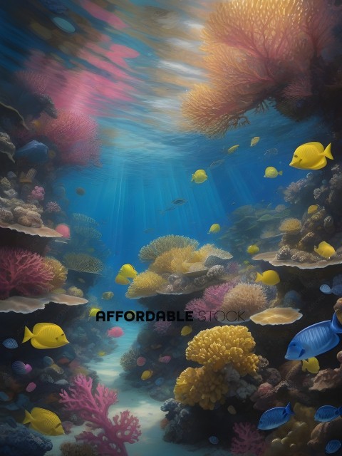 A colorful underwater scene with a yellow fish