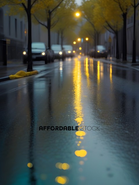 Rainy city street with yellow reflective material