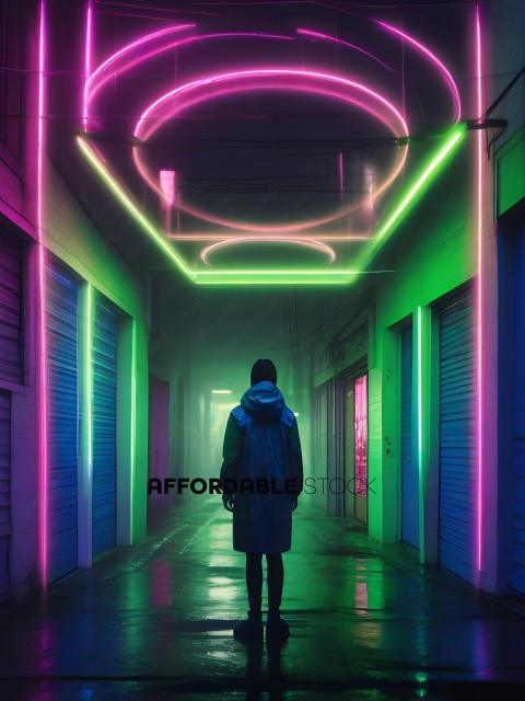 A person in a raincoat standing in a neon lit alley