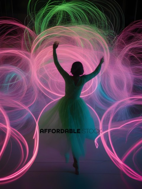 A woman in a green dress dances in front of a pink light show