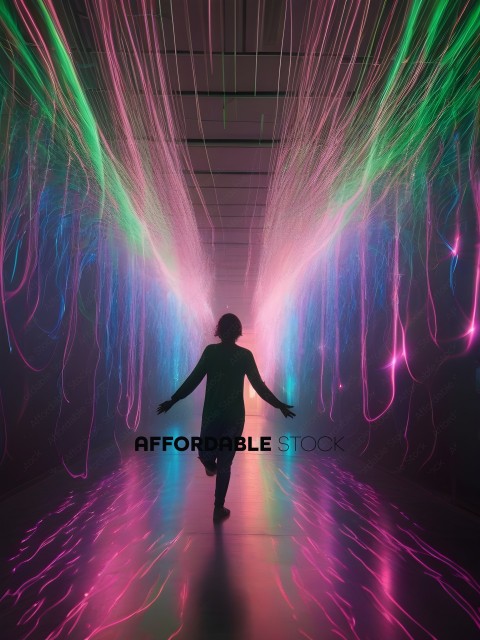 A person walking through a room with a rainbow of lights