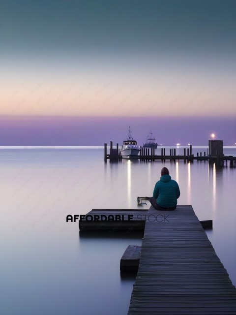 A person sits on a dock at sunset