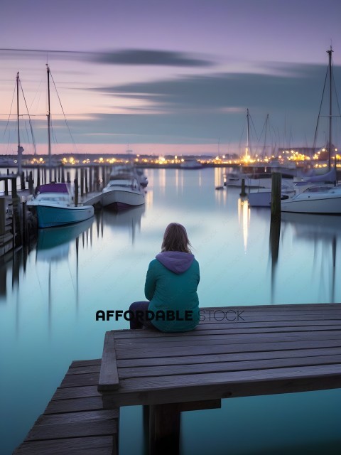 A woman in a blue jacket sitting on a dock