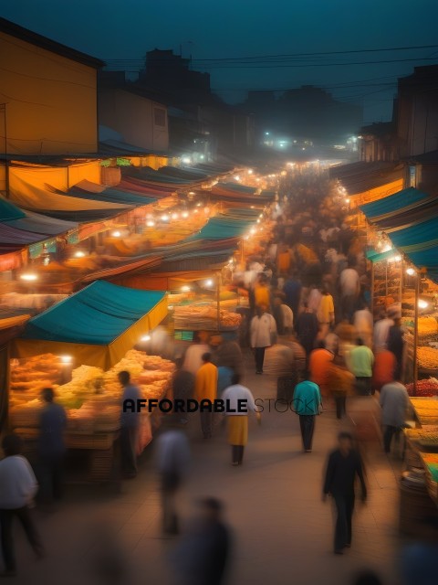 A crowded marketplace with people walking through it
